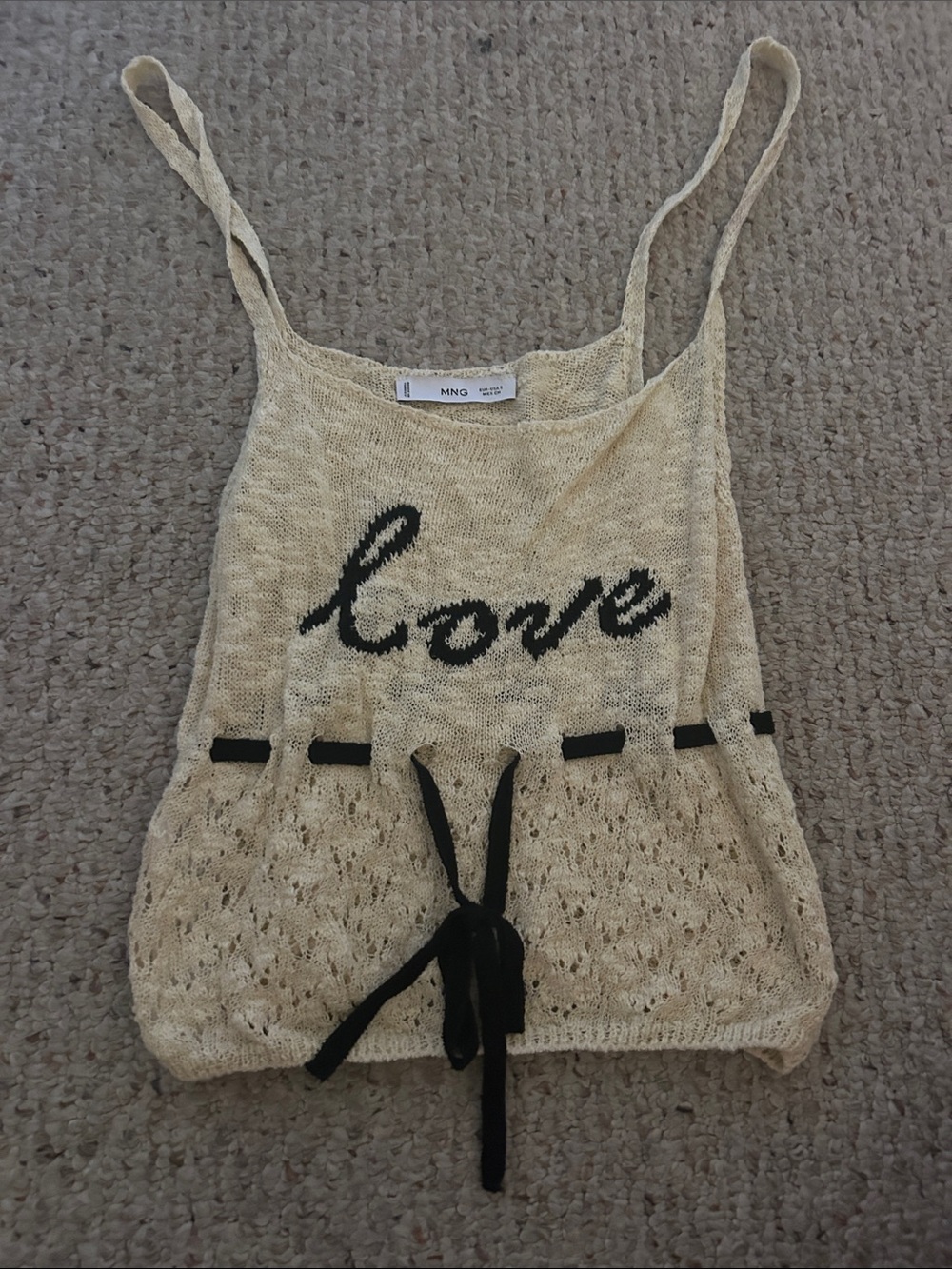 Mango Cream Knit Tank with Black "Love" Script and Drawstring